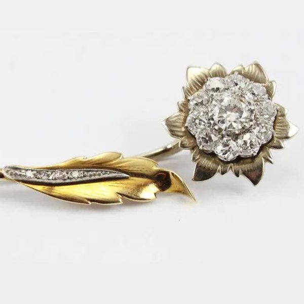 Vintage 2ct Old Cut Diamond Set Gold Flower Brooch