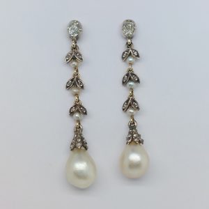 Antique Natural Pearl and Diamond Drop Earrings