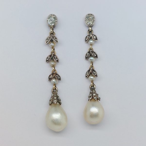 Edwardian Antique Certified Natural Pearl and Diamond Drop Earrings