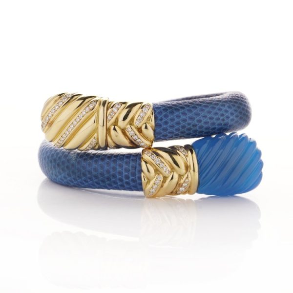 Alexis Barthelay 18ct Yellow Gold, Diamond and Blue Leather Snake Bracelet Watch with Blue Crystal Tail