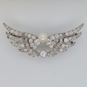 Antique Certified Natural Pearl and Diamond Wing Brooch