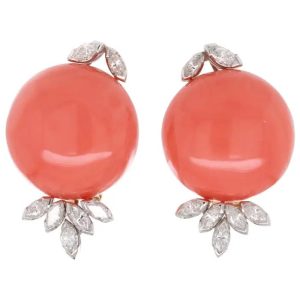 Vintage Italian Cabochon Coral and Marquise Diamond Earrings