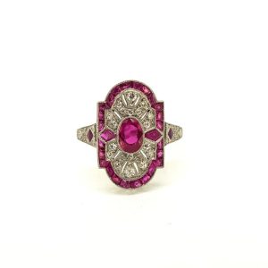 Art Deco Style Ruby and Diamond Cluster Plaque Ring