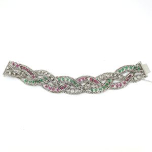 18ct White Gold Woven Bracelet with Diamond Rubies and Emeralds