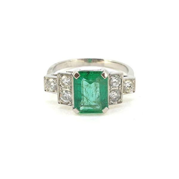 Art Deco Style 1ct Emerald and Diamond Engagement Ring in Platinum