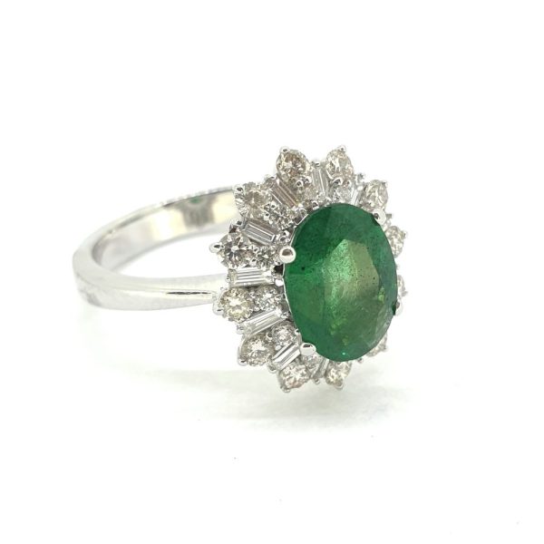 1.50ct Emerald and 0.85ct Baguette Brilliant Diamond Cluster Engagement Ring