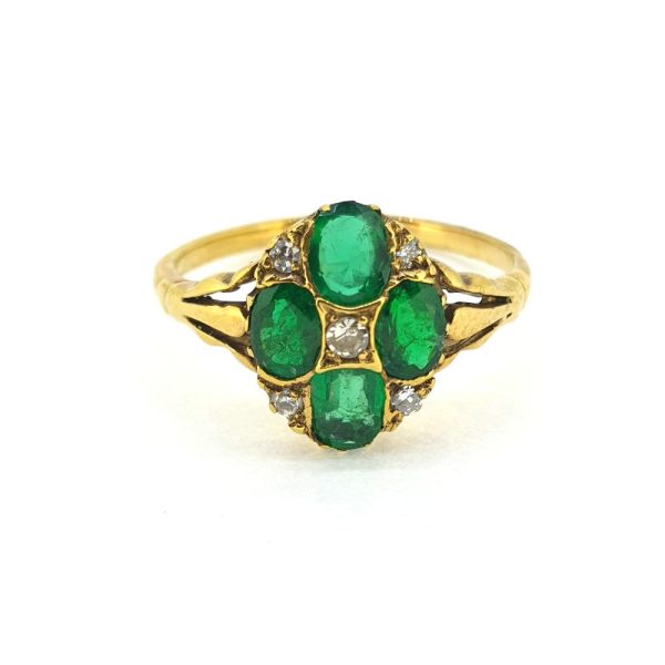 Antique Emerald and Diamond Flower Cluster Ring in 15ct Gold