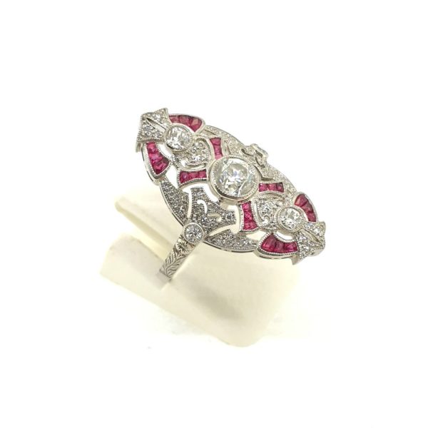 Diamond and Calibre Ruby Navette Cluster Plaque Ring in Platinum