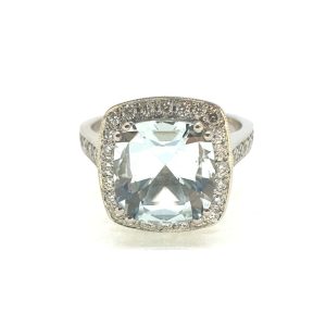 3.50ct Cushion Cut Aquamarine and Diamond Cluster Engagement Ring in Platinum