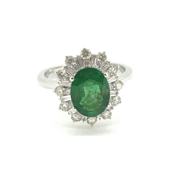 1.50ct Oval Emerald and Diamond Cluster Ring in 18ct White Gold Baguette and Brilliant Diamonds