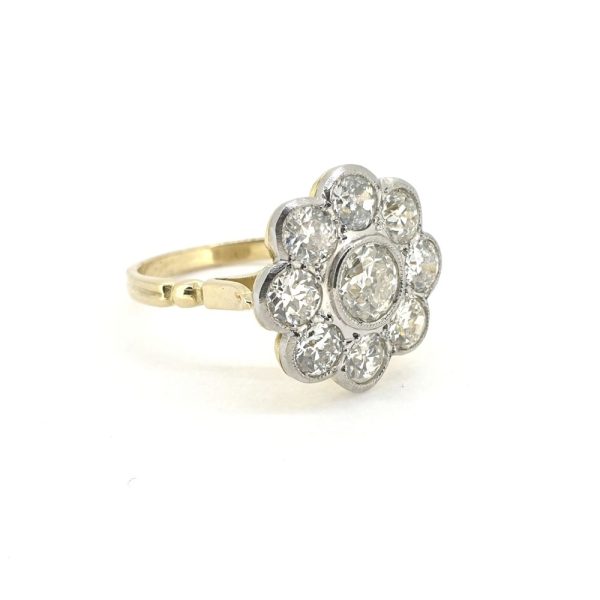2.25ct Old Cut Diamond Floral Cluster Engagement Ring in Platinum and 18ct Yellow Gold