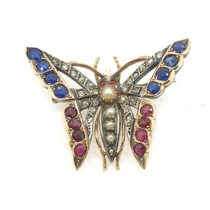 Antique Victorian Pearl Ruby Sapphire and Diamond Butterfly Brooch