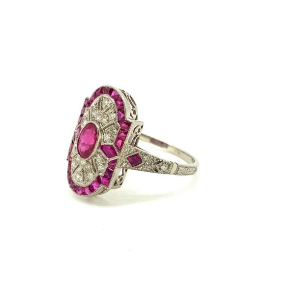 Art Deco Style 0.61ct Ruby and Diamond Cluster Plaque Ring in Platinum