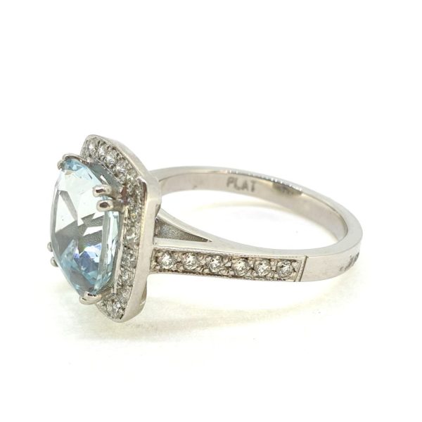 3.50ct Cushion Cut Aquamarine and Diamond Cluster Engagement Ring in Platinum