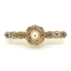 Antique French 1.30ct Old Cut Diamond and Natural Pearl Cluster Bar Brooch in 15ct Gold