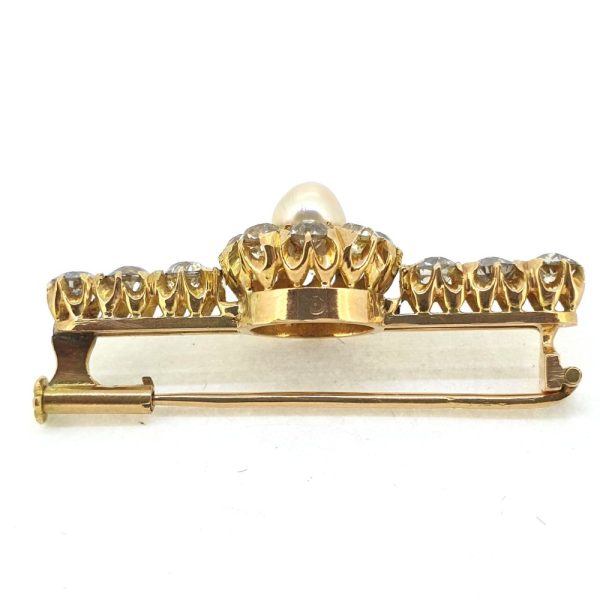 Antique French Natural Pearl and Old Cut Diamond Cluster Bar Brooch in 15ct Gold, 1.30 carats