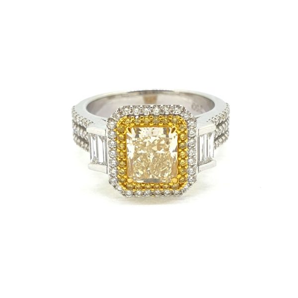 Contemporary 1.04ct Asscher Cut Yellow Diamond Cluster Ring, 2.42 carat total