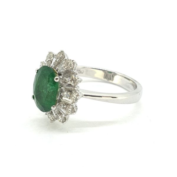 1.50ct Oval Emerald and Diamond Cluster Ring with Baguette and Brilliant Diamonds
