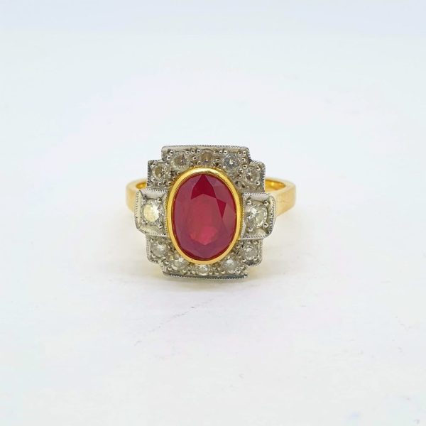 Art Deco Inspired 2ct Natural Ruby and Diamond Cluster Dress Ring