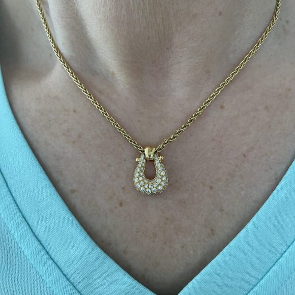 Vintage French Diamond Set Horseshoe Pendant and Chain, pre-owned 18ct yellow gold pendant pave-set with diamonds suspended on heavy 18ct yellow gold chain