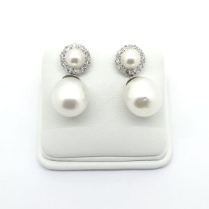 13.5mm Pearl and Diamond Cluster Drop Earrings, 1.30 carats