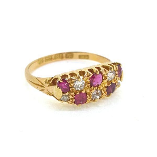 Antique Ruby and Diamond Chequerboard Cluster Ring, set with alternating rubies and diamonds in a chequerboard design in 18ct yellow gold. Circa 1900