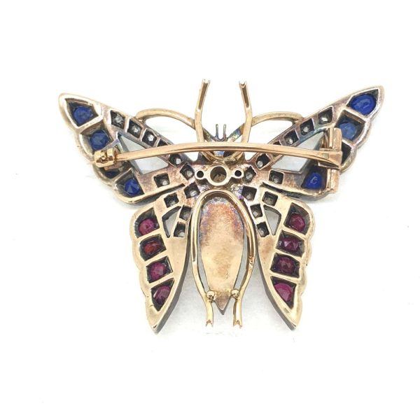 Victorian Antique Pearl Ruby Sapphire and Diamond Butterfly Brooch