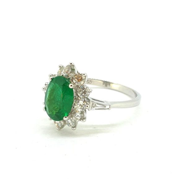 1.54ct Oval Emerald and Diamond Cluster Engagement Ring in 18ct White Gold
