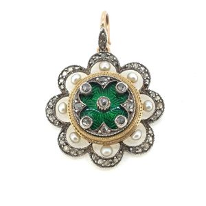 Edwardian Antique Green Enamel Diamond and Pearl Pendant