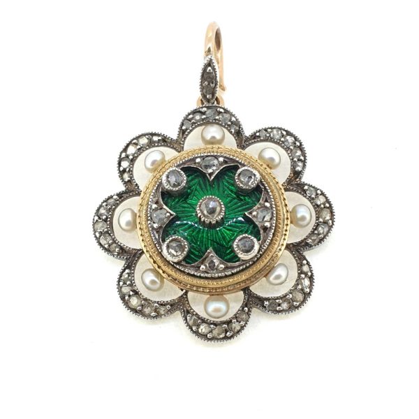 Antique Edwardian Green Guilloche Enamel Diamond and Pearl Flower Pendant