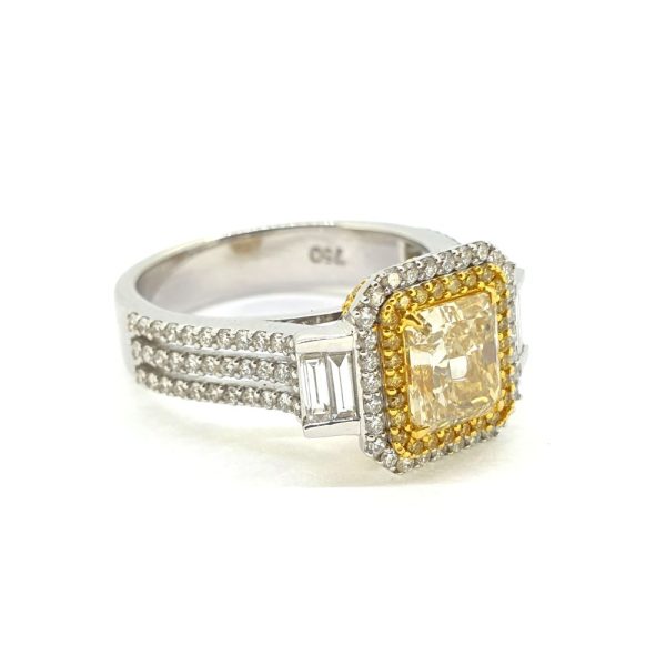 Contemporary 1.04ct Asscher Cut Yellow Diamond Cluster Ring, 2.42 carat total