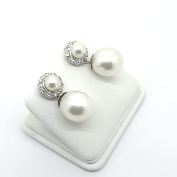 Pearl and Diamond Cluster Drop Earrings, 1.30 carat total