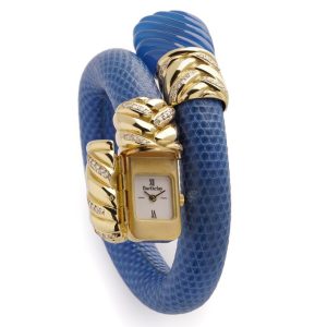 Alexis Barthelay 18ct Yellow Gold, Diamond and Blue Leather Snake Bracelet Watch