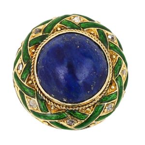 Antique Edwardian Lapis Lazuli Green Enamel and Rose Cut Diamond Dome Bombe Cocktail Ring