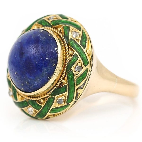 Antique Edwardian Lapis Lazuli Green Enamel and Rose Cut Diamond Dome Bombe Cocktail Ring