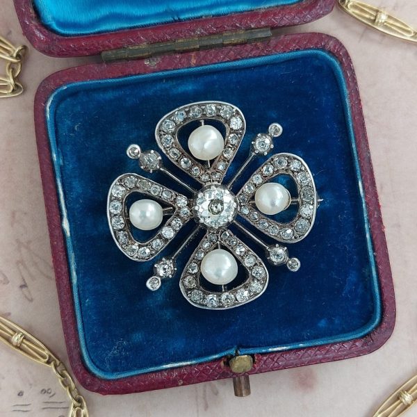 Antique Natural Pearl and Diamond Four Leaf Clover Brooch