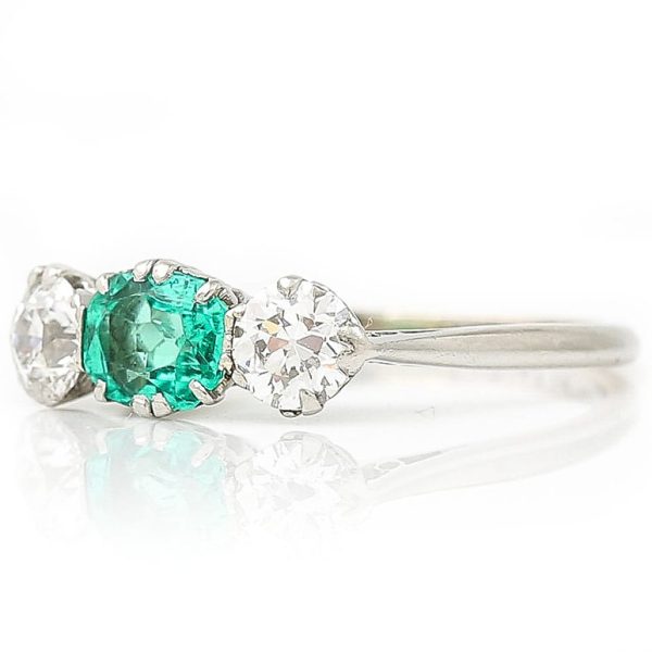 Art Deco Emerald and Old Cut Diamond Three Stone Engagement Ring in Platinum