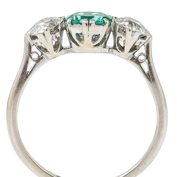 Art Deco Emerald and Old Cut Diamond Trilogy Engagement Ring in Platinum