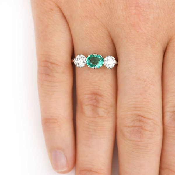 Art Deco Emerald and Old Cut Diamond Trilogy Engagement Ring