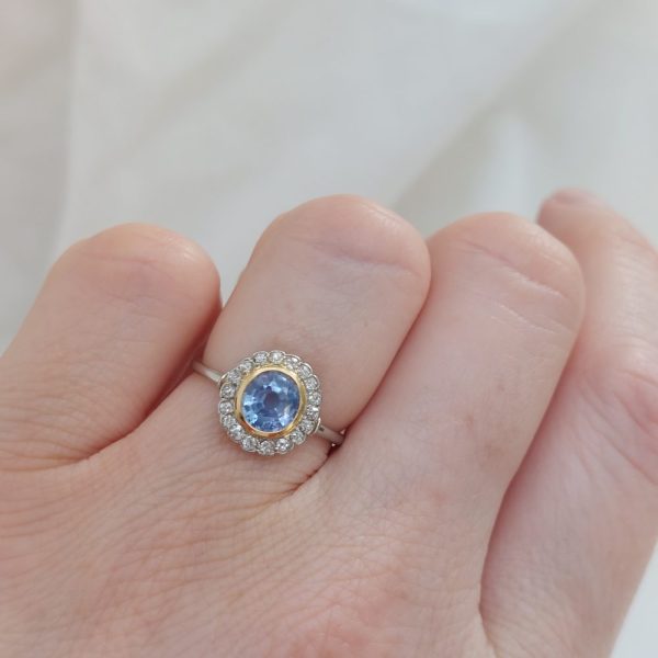 Art Deco French 1ct Sapphire and Diamond Cluster Ring