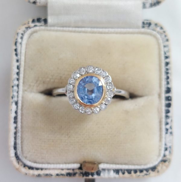 Art Deco French 1ct Sapphire and Diamond Cluster Ring