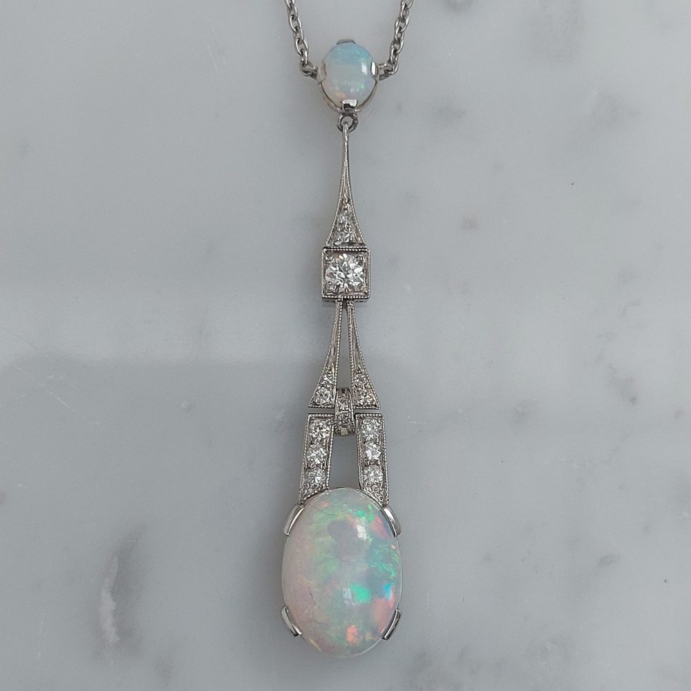 Art Deco Style 4cts Opal and Diamond Pendant Necklace - Jewellery Discovery