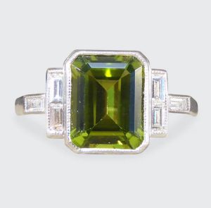 Art Deco Style Peridot Ring with Diamond Set Shoulder