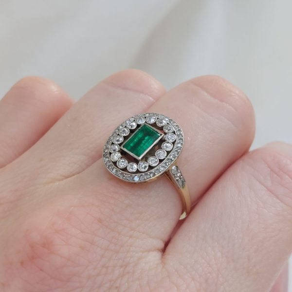 Edwardian Antique 1ct Emerald and Diamond Cluster Ring