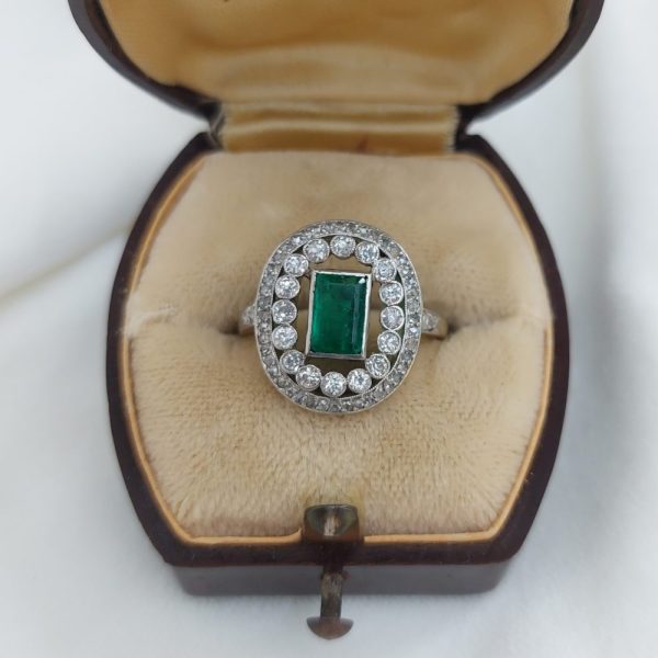 Edwardian Antique 1ct Emerald and Diamond Cluster Ring