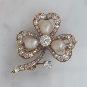 Edwardian Antique Natural Pearl and Diamond Shamrock Brooch