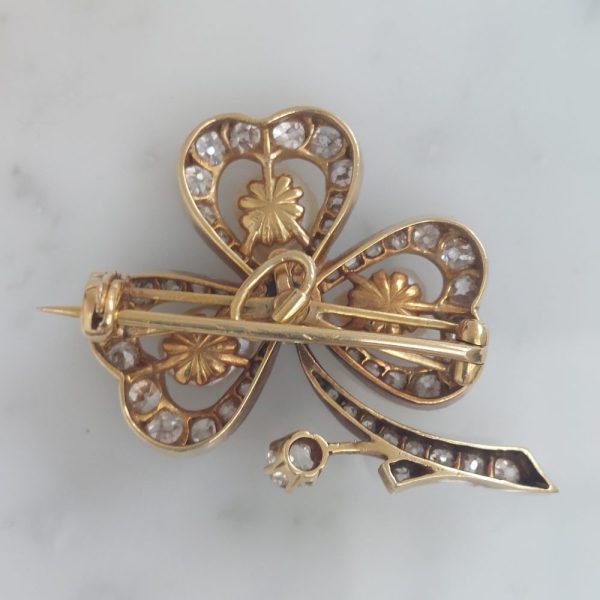 Edwardian Antique Natural Pearl and Diamond Shamrock Brooch