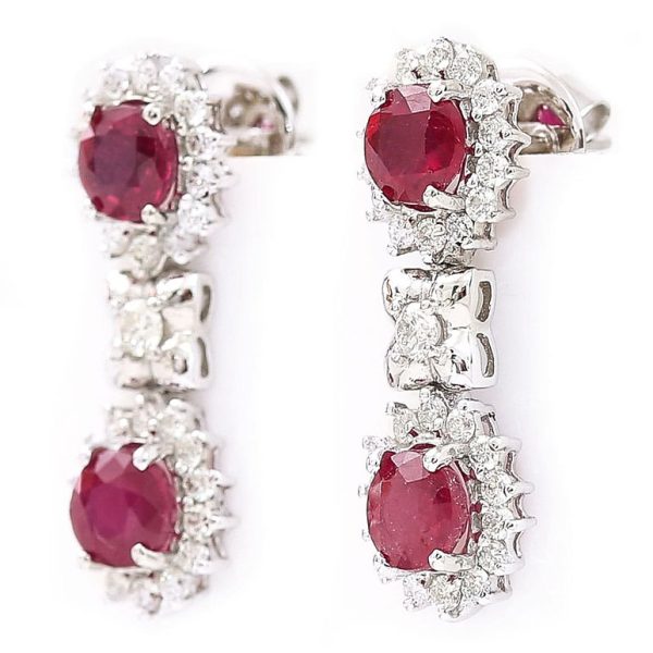 Ruby and Diamond Double Cluster Drop Earrings