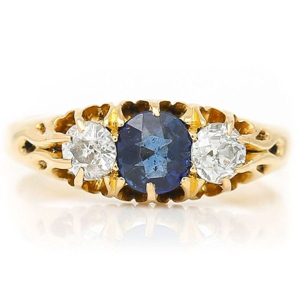 Antique Victorian Sapphire and Old Cut Diamond Three Stone Ring