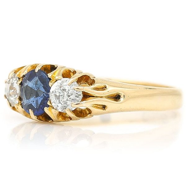 Antique Victorian Sapphire and Old Cut Diamond Three Stone Ring in 18ct Yellow Gold